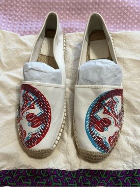 Tory Burch Cream Canvas Espadrilles with Red & Blue Embroidered Logo